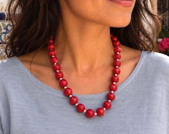 Dieprode zee bamboe koraal met witte parel 925 sterling zilveren ketting 14 mm, geboortesteen van juni