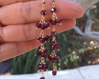 Faceted Red Garnet Long Dangle Earrings 14kt Gold Filled, January Birthstone