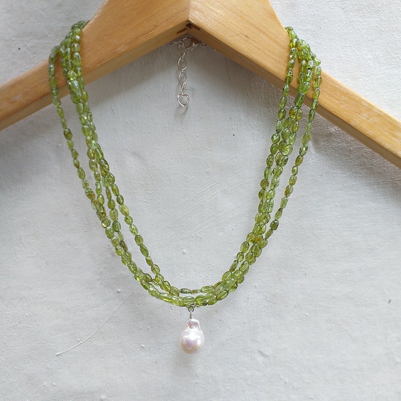 Peridot Oval Shape with Baroque Pearl Multi Strands 4 strands 925 Silver Necklace, Peridot Bib, Chunky, Statement Necklace image 1