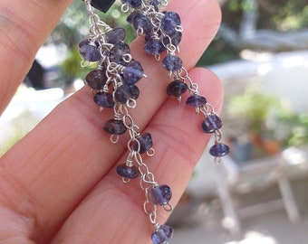 Iolite Cluster Long Dangle Earrings 925 Sterling Silver, Purple Blue Gemstone Earrings