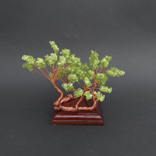 Peridot Gemstone Tree - Windswept Wire Sculpture Gemstone Peridot Bonsai Acacia MimosaTree Lanzarote Sculpture On Wooden Base - Birthstone