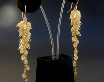 Golden Rutilated Quartz Cluster Long Dangle 14kt Gold Filled Earrings, Gemstone Long Cluster Earrings