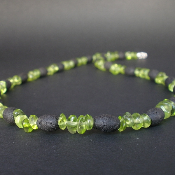 Natural Peridot and Black Lava Barrel Shape 925 Sterling Silver Necklace, Lava Drum Necklace, Lava and Peridot Necklace, August Birthstone