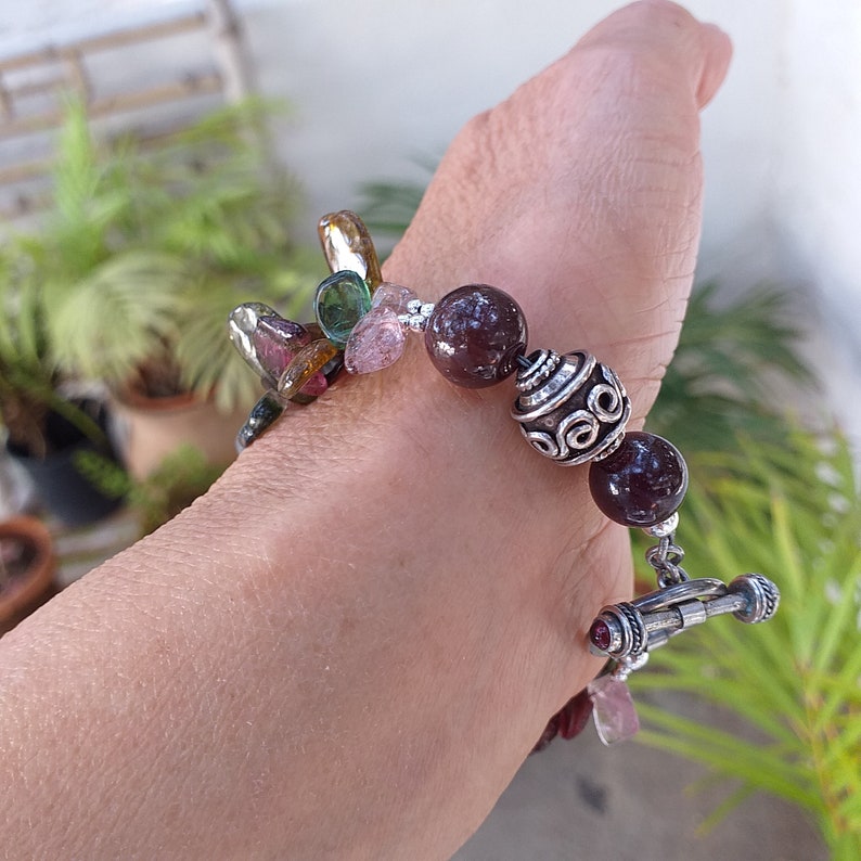 Rainbow Tourmaline Cluster, Garnet 10mm, 925 Bali Silver Bracelet, Artisan Bracelet, Rainbow Tourmaline Slab Beads Bracelet image 6