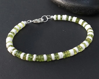Peridot Men Heishi Bracelet, Peridot and White Shell 925 Sterling Silver, Green and White August Birthday Gift For Him,Peridot Jewelry Men