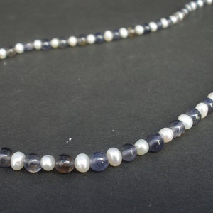 Natural Gemstone Iolite and White Pearl Necklace 5mm, 925 Sterling Silver, Iolite Necklace, White Pearl Necklace, June Birthstone image 2