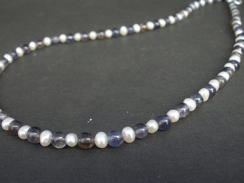 Natural Gemstone Iolite and White Pearl Necklace 5mm, 925 Sterling Silver, Iolite Necklace, White Pearl Necklace, June Birthstone image 2