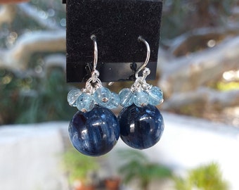 Deep Blue Cat's Eye Kyanite Balls and Aquamarine Cluster Earrings 925 Sterling Silver Ear Wire Earrings