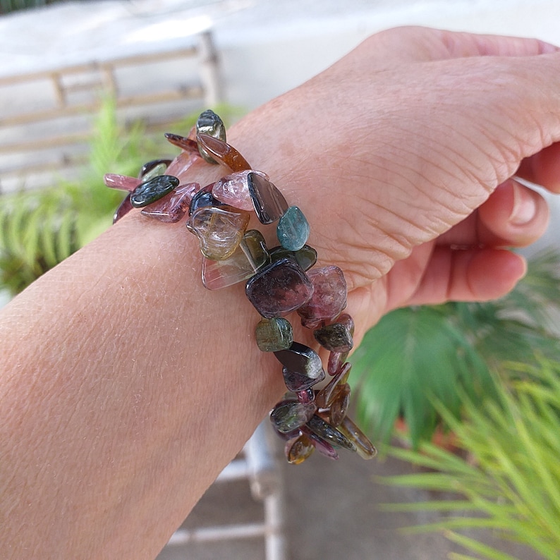 Rainbow Tourmaline Cluster, Garnet 10mm, 925 Bali Silver Bracelet, Artisan Bracelet, Rainbow Tourmaline Slab Beads Bracelet image 5