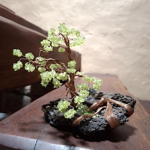 Peridot Gemstone Tree - Windswept Mini Peridot Bonsai Canary Island Pine Tree - Lanzarote Sculpture On Natural Lava - August Birthstone