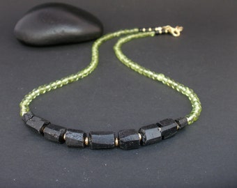 Peridot and Black Tourmaline 14kt Gold Filled Necklace, Tourmaline Necklace, August and October Birthstone Peridot Stone