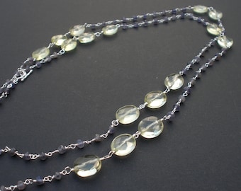 Lemon Quartz and Iolite Long Necklace, 41" (104cm) ,Iolite Long Necklace, Lemon Quartz Long Necklace, Multi Gemstone Long Necklace