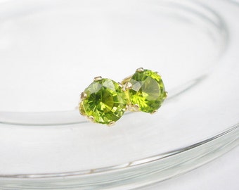 Gemstone Peridot Faceted 6mm Round Shape 14kt Yellow Gold Stud Style Earrings, August Birthstone Peridot Stone
