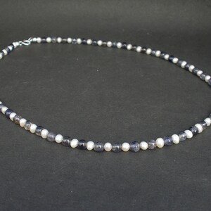 Natural Gemstone Iolite and White Pearl Necklace 5mm, 925 Sterling Silver, Iolite Necklace, White Pearl Necklace, June Birthstone image 5