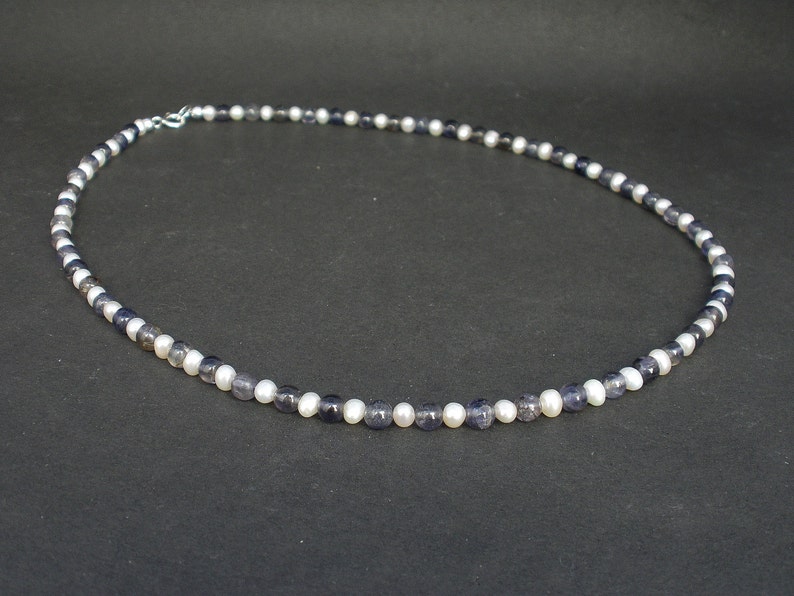 Natural Gemstone Iolite and White Pearl Necklace 5mm, 925 Sterling Silver, Iolite Necklace, White Pearl Necklace, June Birthstone image 5