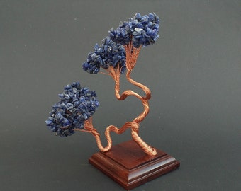 Sodalite Gemstone Tree - Wind Shaped Gemstone Sodalite Bonsai Canary Island Pine Tree Lanzarote Sculpture On Wooden Base - August Birthstone