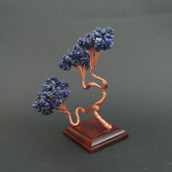 Sodalite Gemstone Tree - Wind Shaped Gemstone Sodalite Bonsai Canary Island Pine Tree Lanzarote Sculpture On Wooden Base - August Birthstone