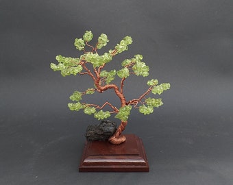 Peridot Gemstone Tree -Windswept Wire Sculpture Gemstone Peridot Bonsai Canary Island Pine Tree Sculpture On Wooden Base With Lava