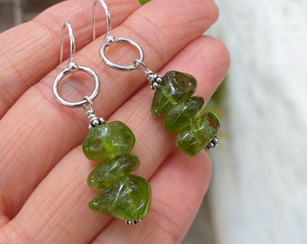 Peridot Natural Nugget 925 Sterling Silver Dangle Earrings, Raw Peridot Stone Earrings, August Birthstone