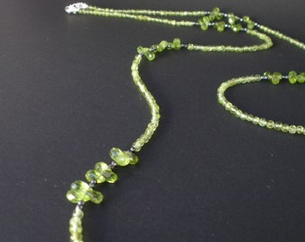 Peridot Faceted Teardrop and Hemitate Long Necklace 34.5 inches, ( 87.6cm) Peridot Long Necklace, Long Gemstone Necklace