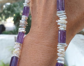 Amethyst Cylinder and Keishi (Keshi) Pearl 925 Sterling Silver Necklace
