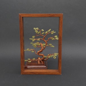 Windswept Wire Sculpture Gemstone Peridot Bonsai Canary Island Pine Tree Lanzarote Sculpture On Wooden Base - August Birthstone