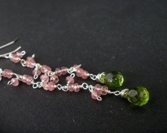 Peridot Faceted Briolette and Pink Tourmaline 925 Silver Long Dangle Earrings, August Birthstone,Peridot Briolette Dangle Earrings