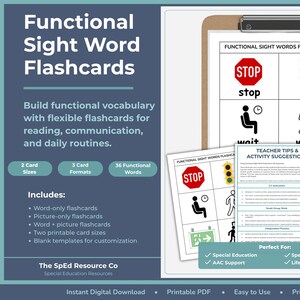 May include: Functional sight word flashcards featuring traffic and safety symbols like stop, go, wait, and walk. The set includes printable pages with text and icons, a teacher tips sheet, and blank templates for customization in a digital PDF format.