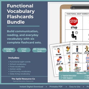 Ensemble de 6 cartes de vocabulaire fonctionnel pour l'éducation spécialisée | Cartes de langage pour les compétences de la vie quotidienne (CAA),