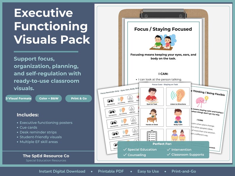 Ensemble de supports visuels sur les fonctions exécutives pour l'éducation spécialisée | Soutien à l'autorégulation et au travail autonome, de la maternelle à la 4e année image 1
