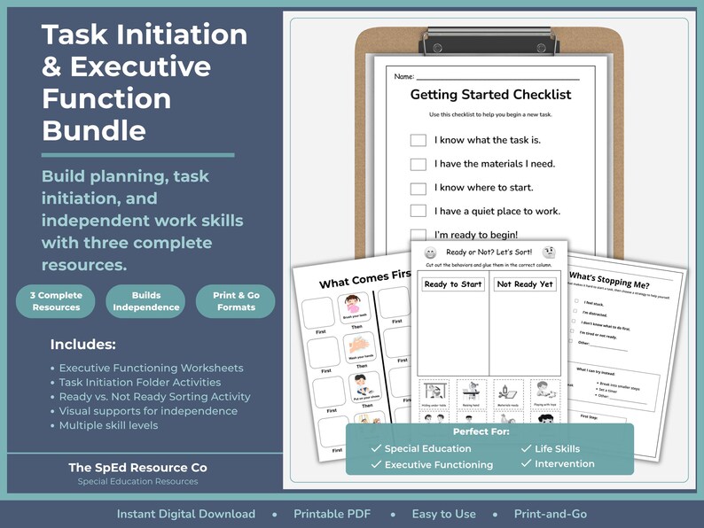 Task Initiation & Executive Functioning Bundle for Special Education | Independence Skills, IEP Support K-4 image 1
