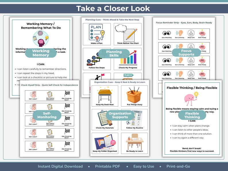 Ensemble de supports visuels sur les fonctions exécutives pour l'éducation spécialisée | Soutien à l'autorégulation et au travail autonome, de la maternelle à la 4e année image 4