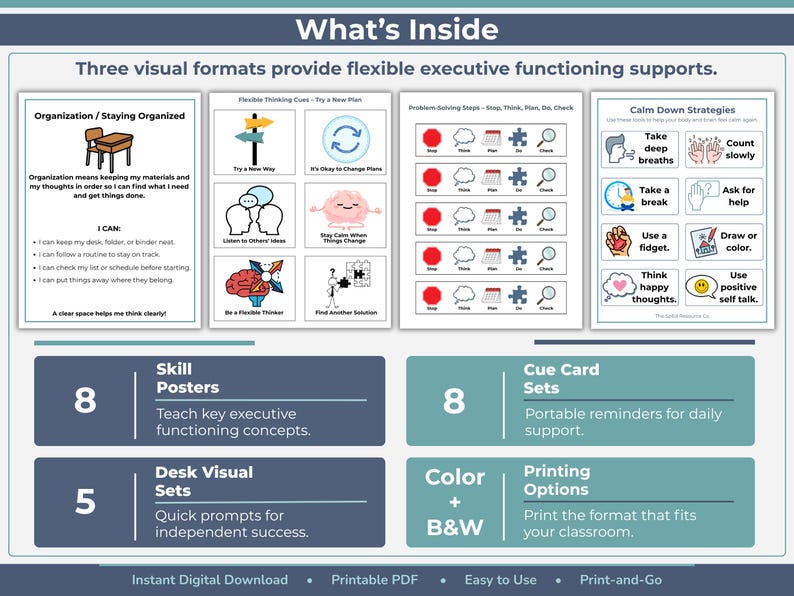 Ensemble de supports visuels sur les fonctions exécutives pour l'éducation spécialisée | Soutien à l'autorégulation et au travail autonome, de la maternelle à la 4e année image 2