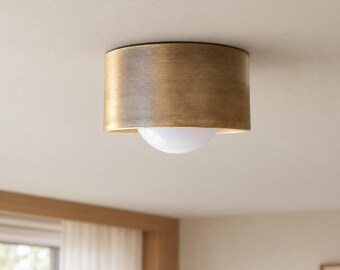 Handmade Brass Flush Mount Ceiling Light, Modern Glass Globe Fixture, Antique Brass Ceiling Spot Light, Minimalist Hardwired Lighting