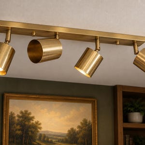 Op de afbeelding: Een plafondlamp met vier spots in een geborstelde messing afwerking. De rechthoekige basis ondersteunt vier cilindrische spots, elk gemonteerd op een draaibaar gewricht. Drie van de spots branden en werpen een warm licht naar beneden.