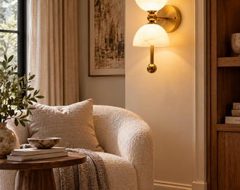May include: A wall-mounted light fixture featuring a vertical brass rod with two stacked, semi-spherical white stone shades. The fixture emits a warm glow from both the top and bottom shades, which are accented by small brass spheres at the ends.