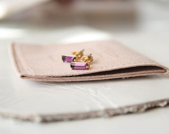 Purple studs, Swarovski crystal rectangle earrings, Crystal stud earrings, Small gold earrings for everyday, Geometric minimal earrings