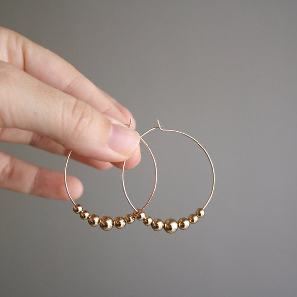 Gold filled large Hoop earrings, Beaded hoop earrings, Wire hoops with gold balls, Statement hoop earrings, Boho gold hoops,  40mm Earring
