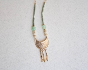 Boho Chrysoprase Beaded Necklace, Gold Feather Crescent Pendant