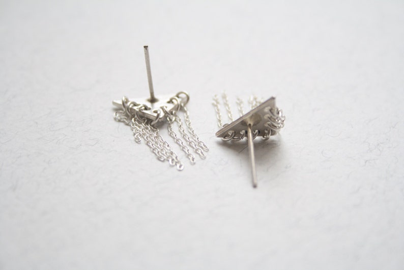 Unique stud earrings, Sterling silver geometric studs, Silver fringe earrings, Triangle studs earrings, Chain stud earrings, Fringe studs image 3