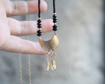 Long boho necklace, Boho feather necklace, Crescent moon necklace, Gold feathers necklace, Gypsy feather necklace, Gold feathers necklace