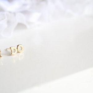 I do tiny stud earrings. bachelorette party jewelry, bride to be gift idea. tiny gold studs, vermeil letter earrings, anniversary cute stud image 3