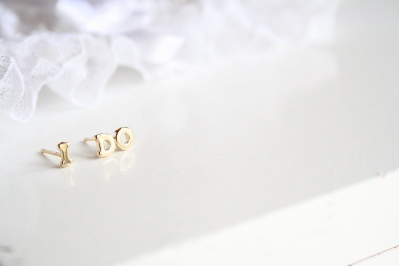 I do tiny stud earrings. bachelorette party jewelry, bride to be gift idea. tiny gold studs, vermeil letter earrings, anniversary cute stud image 3