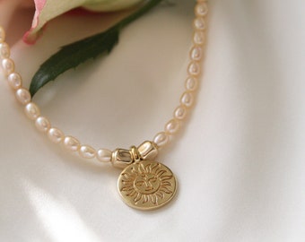 Rose gold oval pearls necklace with gold coin with happy sun engraving, Fresh water pastel pink necklace, Gold coin sun pendant necklace