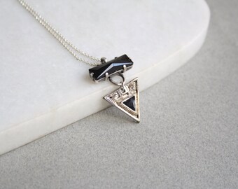 Long Sterling Silver Boho Necklace, Black Crystal Triangle Pendant