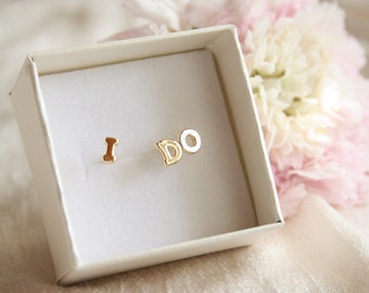 I do tiny stud earrings. bachelorette party jewelry, bride to be gift idea. tiny gold studs, vermeil letter earrings, anniversary cute stud