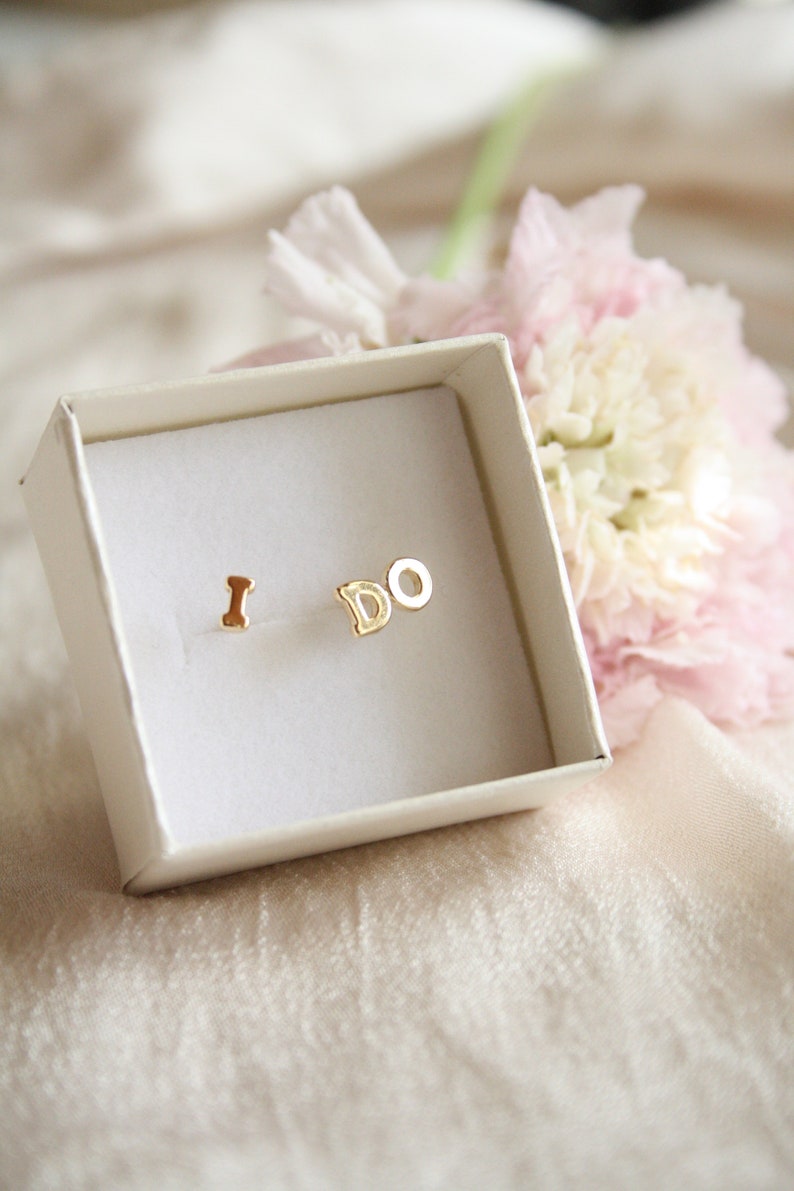 I do tiny stud earrings. bachelorette party jewelry, bride to be gift idea. tiny gold studs, vermeil letter earrings, anniversary cute stud image 1