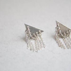 Unique stud earrings, Sterling silver geometric studs, Silver fringe earrings, Triangle studs earrings, Chain stud earrings, Fringe studs image 2