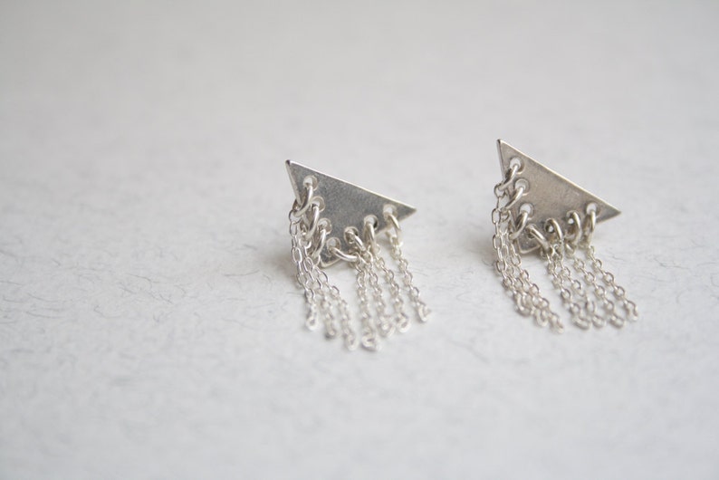 Unique stud earrings, Sterling silver geometric studs, Silver fringe earrings, Triangle studs earrings, Chain stud earrings, Fringe studs image 2