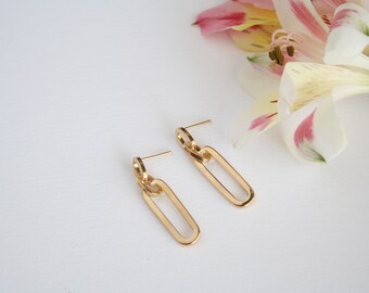 Gold Dangle studs, Modern drop earrings, Geometric Long earrings, gold Drop stud earrings, Oval hoop earrings,Rectangular gold drop earrings